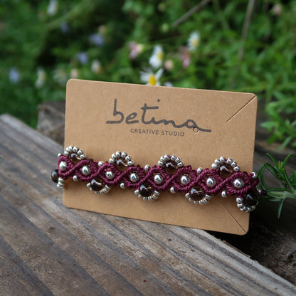 Pulsera Flores y Olas | Burdeo con Cuarzo Ahumado
