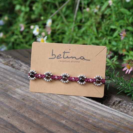Pulsera Floral | Burdeo con Cuarzo Ahumado