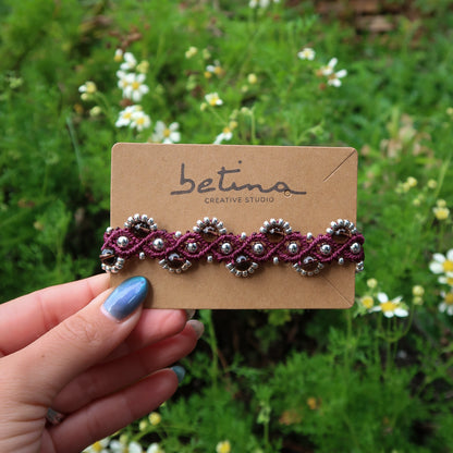 Pulsera Flores y Olas | Burdeo con Cuarzo Ahumado